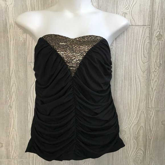 torrid Tops - Vintage Torrid Strapless Black Ruched Sleeveless Tube Top Gold Sequin 1X